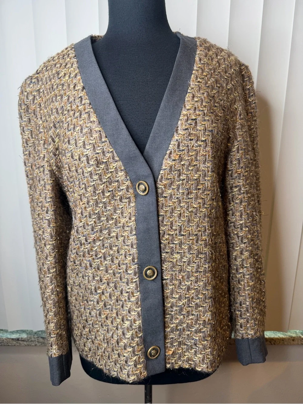 Poly Watson Tweed Brown Gold Button-Front Cardigan Size 12